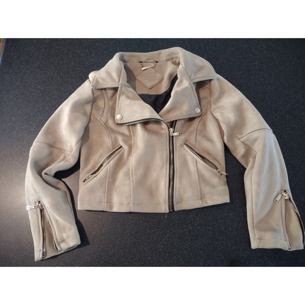 JouJou Jou Jou Moto Biker Jacket Women's L Light Brown Tan Zippers Pockets Soft